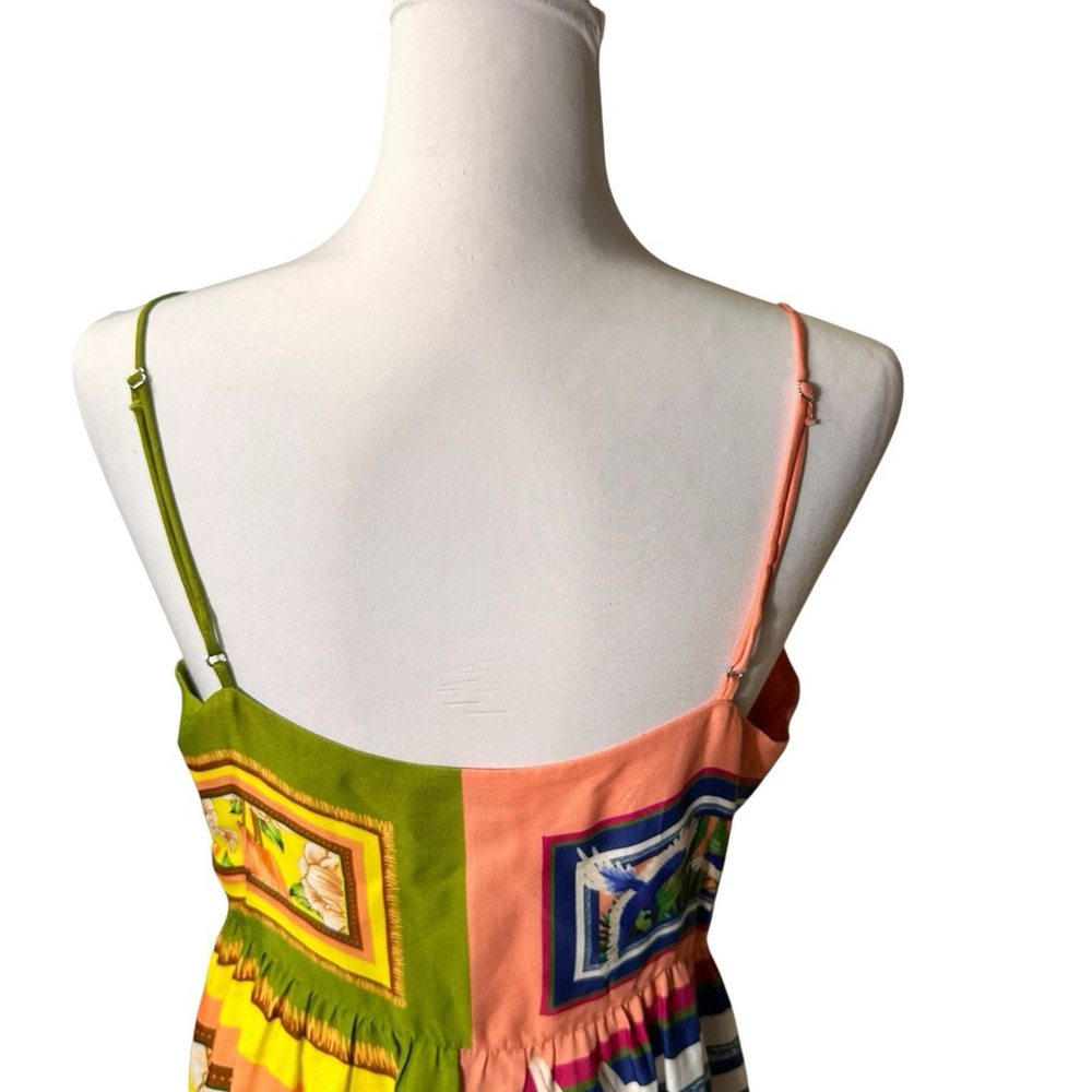 Farm Rio Double Scarf Pastel Midi Dress Cut Out Womens Large Tropical Buttons - Picture 9 of 14